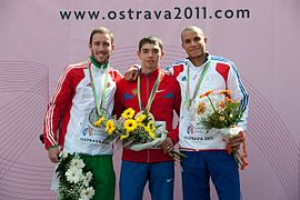 Men long jump podium Ostrava 2011.jpg