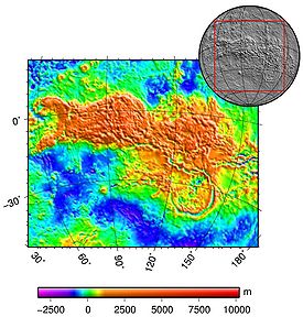 Topographie d'Aphrodite Terra, avec Ovda Regio à l'ouest, Thetis Regio à l'est, et Artemis Corona au sud-est.L'extension orientale du continent n'est pas représentée.