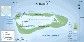 Carte d'Aldabra avec l'île Polymnie dans le Nord-Ouest de l'atoll.