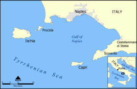 Carte du golfe de Naples avec la péninsule de Sorrente (en bas à droite).