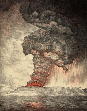 Lithographie de l'éruption du Krakatoa en 1883 datant de 1888.