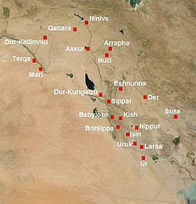 Les principaux sites de la Mésopotamie du IIe millénaire av. J.-C., avec Larsa qui est la deuxième ville la plus au sud après Ur