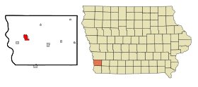Mills County Iowa Incorporated and Unincorporated areas Glenwood Highlighted.svg