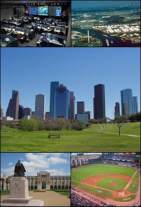 À partir d'en haut à gauche : centre de contrôle de mission du Lyndon B. Johnson Space Center, canal de Houston, panorama du centre financier, université Rice et Minute Maid Park.