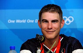 Walton Eller at press conference after winning 2008 Summer Olympics double trap.jpg