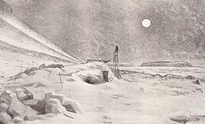  Vue d'artiste : une pleine lune se détache sur un ciel sombre ; sur le sol, un tas de neige présentant une petite ouverture carrée représente l'abri, avec un traîneau fiché dans la neige à l'extérieur. Les environs sont composés de neige et de champs de glace.