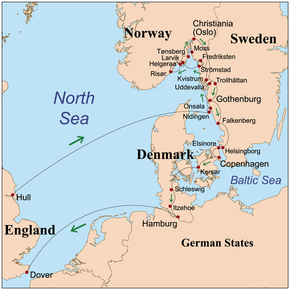  Carte montrant le trajet suivi par Mary Wollstonecraft à travers le Danemark, la Suède, la Norvège et les États allemands.