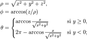  \begin{align}
\rho   &= \sqrt{x^2+y^2+z^2},\\
\phi   &= \arccos (z/\rho)\\
\theta &= \begin{cases}\arccos\frac{x}{\sqrt{x^2+y^2}} & \mathrm{si}\ y\geq0, \\[,5em] 2\pi-\arccos\frac x{\sqrt{x^2+y^2}} & \mathrm{si}\ y < 0;\end{cases}
\end{align}