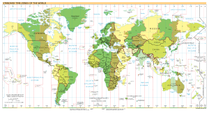 Carte du monde indiquant sa division en fuseaux horaires. UTC+0 est globalement au centre de la carte.