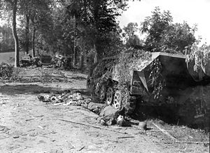 Une colonne blindée allemande détruite sur la route vers Mortain