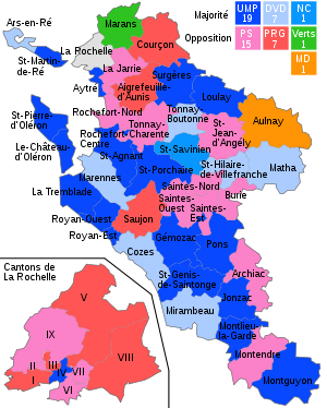 Carte représentant les couleurs politiques des conseillers généraux de la Charente-Maritime suite aux élections cantonales de 2008