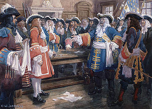 Frontenac receiving the envoy of Sir William Phipps demanding the surrender of Quebec, 1690.jpg