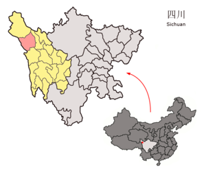 Localisation du xian de Dêgê (en rose) dans la préfecture de Garzê (en jaune)