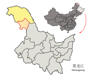 Localisation de la préfecture de Daxing'anling (en jaune) et des districts de Jiagedaqi et Songling (saumon clair)