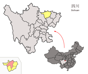 Localisation des trois districts de Guangyuan (en rose) dans la préfecture de Guangyuan (en jaune)