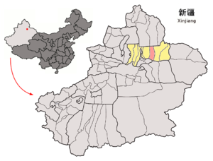 Localisation du xian de Jimsar (en rose) dans la préfecture de Changji (en jaune)