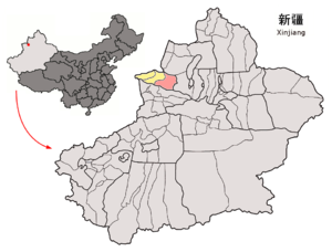 Localisation du xian de Jinghe (en rose) dans la préfecture de Börtala (en jaune)