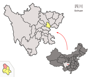 Localisation du xian de Shehong (en rose) dans la préfecture de Suining (en jaune)