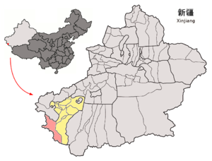 Localisation du xian de Taxkorgan (en rose) dans la préfecture de Kachgar (en jaune)
