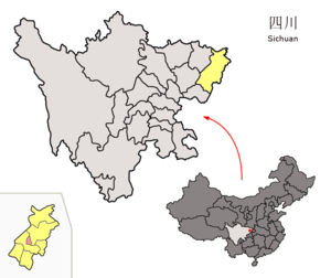 Localisation du district de Tonghuan (en rose) dans la préfecture de Dazhou (en jaune)