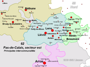 Intercommunalités du secteur est du Pas-de-Calais (Arras, Béthune-Bruay, Lens-Liévin, Hénin-Carvin), celle d'Hénin-Carvin est en vert.