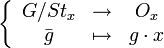  \left\{\begin{array}{ccc} G/St_x & \rightarrow & O_x\\ \bar{g} & \mapsto & g \cdot x \end{array}\right.