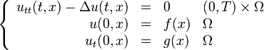 \left\{\begin{array}{rcll}u_{tt}(t,x) -\Delta u(t,x) & = & 0 & (0,T) \times \Omega\\ u(0,x) & = & f(x) & \Omega\\ u_{t}(0,x) & = & g(x) & \Omega \end{array}\right.