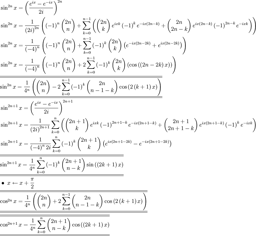 \begin{align}
  & \sin ^{2n}x=\left( \frac{e^{ix}-e^{-ix}}{2i} \right)^{2n} \\ 
 & \sin ^{2n}x=\frac{1}{\left( 2i \right)^{2n}}\left( \left( -1 \right)^{n}\left( \begin{matrix}
   2n  \\
   n  \\
\end{matrix} \right)+\sum\limits_{k=0}^{n-1}{\left( \left( \begin{matrix}
   2n  \\
   k  \\
\end{matrix} \right)e^{ixk}\left( -1 \right)^{k}e^{-ix\left( 2n-k \right)}+\left( \begin{matrix}
   2n  \\
   2n-k  \\
\end{matrix} \right)e^{ix\left( 2n-k \right)}\left( -1 \right)^{2n-k}e^{-ixk} \right)} \right) \\ 
 & \sin ^{2n}x=\frac{1}{\left( -4 \right)^{n}}\left( \left( -1 \right)^{n}\left( \begin{matrix}
   2n  \\
   n  \\
\end{matrix} \right)+\sum\limits_{k=0}^{n-1}{\left( -1 \right)^{k}\left( \begin{matrix}
   2n  \\
   k  \\
\end{matrix} \right)\left( e^{-ix\left( 2n-2k \right)}+e^{ix\left( 2n-2k \right)} \right)} \right) \\ 
 & \sin ^{2n}x=\frac{1}{\left( -4 \right)^{n}}\left( \left( -1 \right)^{n}\left( \begin{matrix}
   2n  \\
   n  \\
\end{matrix} \right)+2\sum\limits_{k=0}^{n-1}{\left( -1 \right)^{k}\left( \begin{matrix}
   2n  \\
   k  \\
\end{matrix} \right)\left( \cos \left( \left( 2n-2k \right)x \right) \right)} \right) \\ 
 & \overline{\overline{\underline{\underline{\sin ^{2n}x=\frac{1}{4^{n}}\left( \left( \begin{matrix}
   2n  \\
   n  \\
\end{matrix} \right)-2\sum\limits_{k=0}^{n-1}{\left( -1 \right)^{k}\left( \begin{matrix}
   2n  \\
   n-1-k  \\
\end{matrix} \right)\cos \left( 2\left( k+1 \right)x \right)} \right)}}}} \\ 
 & \sin ^{2n+1}x=\left( \frac{e^{ix}-e^{-ix}}{2i} \right)^{2n+1} \\ 
 & \sin ^{2n+1}x=\frac{1}{\left( 2i \right)^{2n+1}}\sum\limits_{k=0}^{n}{\left( \left( \begin{matrix}
   2n+1  \\
   k  \\
\end{matrix} \right)e^{ixk}\left( -1 \right)^{2n+1-k}e^{-ix\left( 2n+1-k \right)}+\left( \begin{matrix}
   2n+1  \\
   2n+1-k  \\
\end{matrix} \right)e^{ix\left( 2n+1-k \right)}\left( -1 \right)^{k}e^{-ixk} \right)} \\ 
 & \sin ^{2n+1}x=\frac{1}{\left( -4 \right)^{n}2i}\sum\limits_{k=0}^{n}{\left( -1 \right)^{k}\left( \begin{matrix}
   2n+1  \\
   k  \\
\end{matrix} \right)\left( e^{ix\left( 2n+1-2k \right)}-e^{-ix\left( 2n+1-2k \right)} \right)} \\ 
 & \overline{\overline{\underline{\underline{\sin ^{2n+1}x=\frac{1}{4^{n}}\sum\limits_{k=0}^{n}{\left( -1 \right)^{k}\left( \begin{matrix}
   2n+1  \\
   n-k  \\
\end{matrix} \right)\sin \left( \left( 2k+1 \right)x \right)}}}}} \\ 
 & \bullet \text{ }x\leftarrow x+\frac{\pi }{2} \\ 
 & \overline{\overline{\underline{\underline{\cos ^{2n}x=\frac{1}{4^{n}}\left( \left( \begin{matrix}
   2n  \\
   n  \\
\end{matrix} \right)+2\sum\limits_{k=0}^{n-1}{\left( \begin{matrix}
   2n  \\
   n-1-k  \\
\end{matrix} \right)\cos \left( 2\left( k+1 \right)x \right)} \right)}}}} \\ 
 & \overline{\overline{\underline{\underline{\cos ^{2n+1}x=\frac{1}{4^{n}}\sum\limits_{k=0}^{n}{\left( \begin{matrix}
   2n+1  \\
   n-k  \\
\end{matrix} \right)\cos \left( \left( 2k+1 \right)x \right)}}}}}  
\end{align}