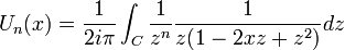 U_n(x)=\frac{1}{2i\pi}\int_C\frac{1}{z^n}\frac{1}{z(1-2xz+z^2)}dz\,