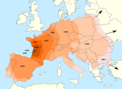 Carte illustrant le propagation du doryphore en Europe de 1922 à 1950