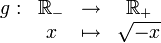 \begin{matrix} g: & \mathbb R_- & \rightarrow & \mathbb R_+ \\ & x & \mapsto & \sqrt{-x} \end{matrix}