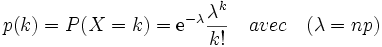 p(k) = P(X = k)= \mathrm{e}^{-\lambda}\frac{\lambda ^k}{k!}     {   \quad avec \quad  } (\lambda = np)
