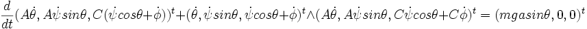 \frac{d}{dt}(A \dot {\theta},A \dot{\psi} sin\theta,C(\dot{\psi}cos\theta + \dot{\phi}) )^t + ( \dot{\theta},\dot{\psi}sin\theta, \dot{\psi}cos\theta +\dot{\phi})^t \wedge (A \dot{\theta}, A\dot{\psi}sin \theta, C \dot{\psi}cos\theta+ C \dot{\phi})^t = (mga sin \theta, 0,0)^t