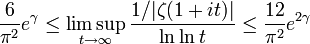 \frac6{\pi^2}e^\gamma\le \limsup_{t \rightarrow \infty}\frac{1/|\zeta(1+it)|}{\ln \ln t} \le \frac{12}{\pi^2}e^{2\gamma}