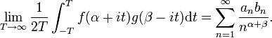 \lim_{T \rightarrow \infty}\frac1{2T}\int_{-T}^T f(\alpha+it)g(\beta-it) \mathrm dt=\sum_{n=1}^\infty{\frac{a_n b_n}{n^{\alpha+\beta}}}.