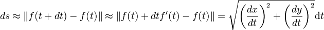 ds \approx \|f(t+dt) - f(t)\| \approx \|f(t) + dtf'(t) - f(t)\| = \sqrt {\left(\frac {dx}{dt}\right)^2 + \left(\frac {dy}{dt}\right)^2}\mathrm d t