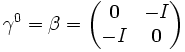 \gamma^0=\beta=\begin{pmatrix}\mathbf{0} & -I \\ -I & \mathbf{0}\end{pmatrix}
