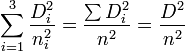 \sum_{i=1}^3 \frac{D_i^2}{n_i^2} = \frac{\sum D_i^2}{n^2} = \frac{D^2}{n^2}