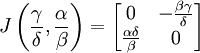 J\left(\frac{\gamma}{\delta},\frac{\alpha}{\beta}\right) = \begin{bmatrix}
0 & -\frac{\beta \gamma}{\delta} \\
\frac{\alpha \delta}{\beta} & 0 \\
\end{bmatrix}