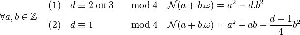 \forall a,b \in \mathbb Z \quad \begin{align}
(1)\quad d &\equiv 2\;\text{ou}\;3 &\mod 4 \quad  &\mathcal N(a + b.\omega) = a^2 - d.b^2 \\
(2)\quad d &\equiv 1               &\mod 4 \quad  &\mathcal N(a + b.\omega) = a^2 + ab - \frac {d-1}4b^2
\end{align}