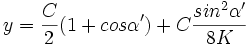 y = \frac{C}{2} (1 + cos \alpha^\prime) + C \frac{sin^2 \alpha^\prime}{8 K}