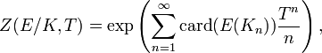 Z(E/K, T)= \exp \left(\sum_{n=1}^{\infty}  \mathrm{card} (E(K_n))  {T^n\over n} \right),