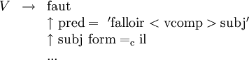 
\begin{array}{lll}
V &\rightarrow& {\rm faut} \\
&&\uparrow {\rm pred =\ 'falloir<vcomp>subj' }\\
&&\uparrow {\rm subj\ form =_c il }\\
&&... \\
\end{array}
