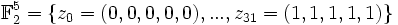 \mathbb{F}_2^5=\{z_0=(0,0,0,0,0),...,z_{31}=(1,1,1,1,1)\}