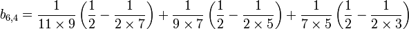 b_{6,4} = \frac 1{11\times 9}\left(\frac 12 - \frac 1{2 \times 7}\right) + \frac 1{9\times 7}\left(\frac 12 - \frac 1{2 \times 5}\right) + \frac 1{7\times 5}\left(\frac 12 - \frac 1{2 \times 3}\right)