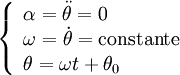 \left \{ \begin{array}{l}
\alpha = \ddot{\theta} = 0 \\
\omega = \dot{\theta} = \mathrm{constante} \\
\theta = \omega t + \theta_0
\end{array} \right .
