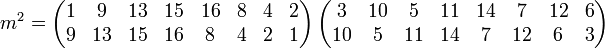  m^2= \left( \begin{matrix} 1 & 9 & 13 & 15 & 16 & 8 & 4 & 2 \\ 9 & 13 & 15 & 16 & 8 & 4 & 2 & 1 \end{matrix} \right) \left( \begin{matrix} 3 & 10 & 5 & 11 & 14 & 7 & 12 & 6 \\ 10 & 5 & 11 & 14 & 7 & 12 & 6 & 3  \end{matrix}\right)