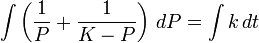 \int\left(\frac{1}{P}+\frac{1}{K-P}\right)\,dP=\int k\,dt