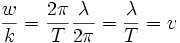  \frac{w}{k}=\frac{2\pi}{T}\frac{\lambda}{2\pi}=\frac{\lambda}{T}=v