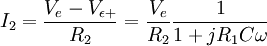 I_2=\frac{V_e-V_{\epsilon +}}{R_2}=\frac{V_e}{R_2}\frac{1}{1+jR_1C\omega}